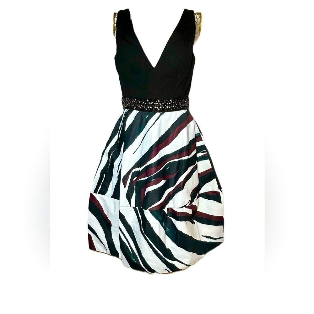 NWT Maslavi Jovani A-Line Black Striped Cocktail Dress, Beaded Waist & Pockets 4 - Picture 6 of 16